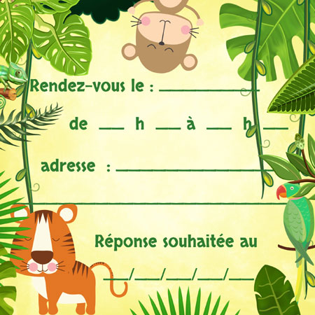 Lot 8 cartes d'invitation anniversaire enfant - Animaux de la Jungle