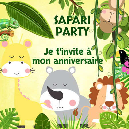 Carte d'Invitation Anniversaire Jungle pour enfant à personnaliser