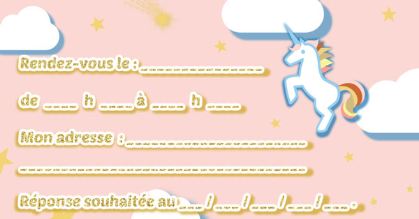 Verso carte invitation anniversaire licorne